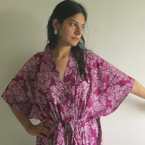Purple Damask V-Neck Button Down to Waist, Ankle Length, Cinched Waist Caftan