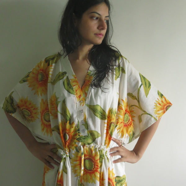 White Sunflower V-Neck Button Down to Waist, Ankle Length, Cinched Waist Caftan