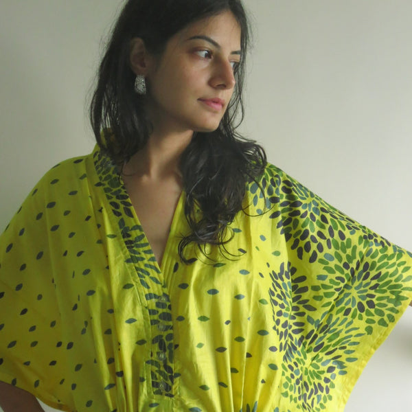 Yellow Abstract Floral V-Neck Button Down to Waist, Ankle Length, Cinched Waist Caftan