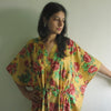 Yellow Red Floral V-Neck Button Down to Waist, Ankle Length, Cinched Waist Caftan