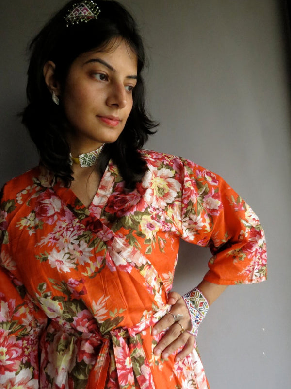 Orange Floral Knee Length, Kimono Crossover Belted Robe-A3 fabric Code