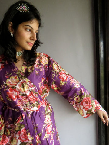 Purple Floral Knee Length, Kimono Crossover Belted Robe-A10 fabric Code