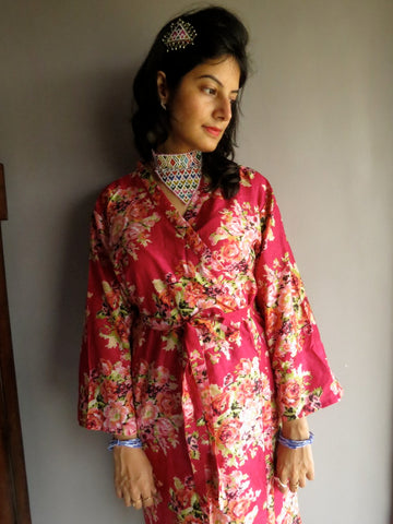 Magenta Floral Knee Length, Kimono Crossover Belted Robe-C5 fabric Code