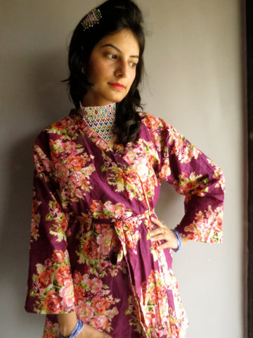 Purple Floral Knee Length, Kimono Crossover Belted Robe-C8 fabric Code