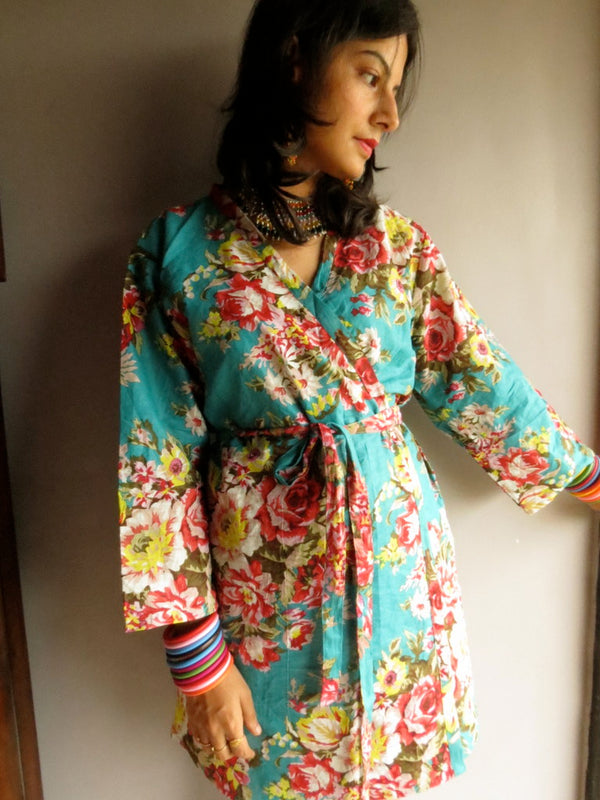 Teal Floral Knee Length, Kimono Crossover Belted Robe- A1 fabric Code