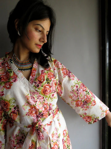 White Floral Knee Length, Kimono Crossover Belted Robe-C7 fabric Code