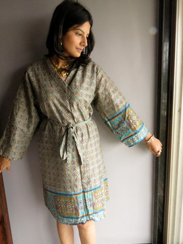 Blue Plaid Knee Length, Kimono Crossover Belted Robe
