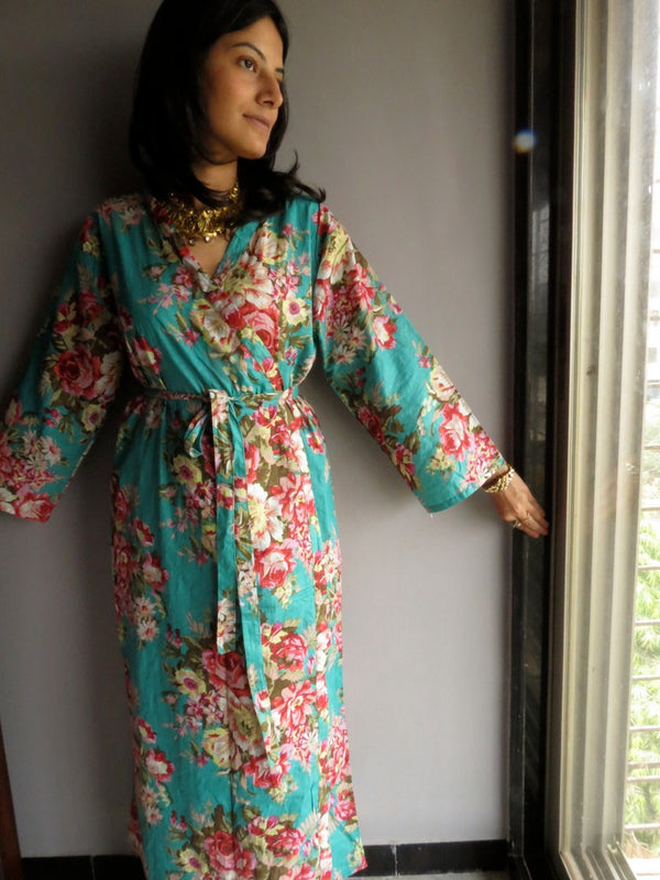 Teal Floral Ankle Length, Kimono Crossover Belted Robe-A1 fabric Code