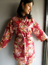 Maroon Floral Knee Length, Kimono Crossover Belted Robe- C3 fabric Code