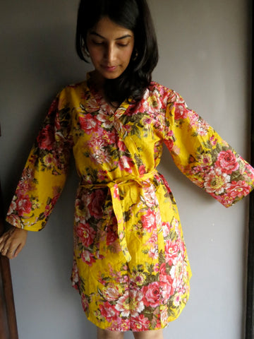 Yellow Floral Knee Length, Kimono Crossover Belted Robe-A7 fabric Code