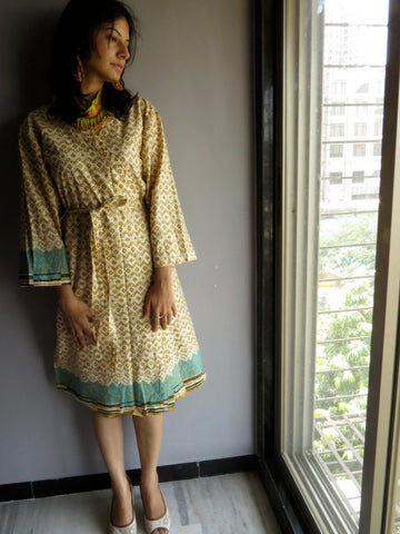 Cream Brown Chevron Knee Length, Kimono Crossover Belted Robe