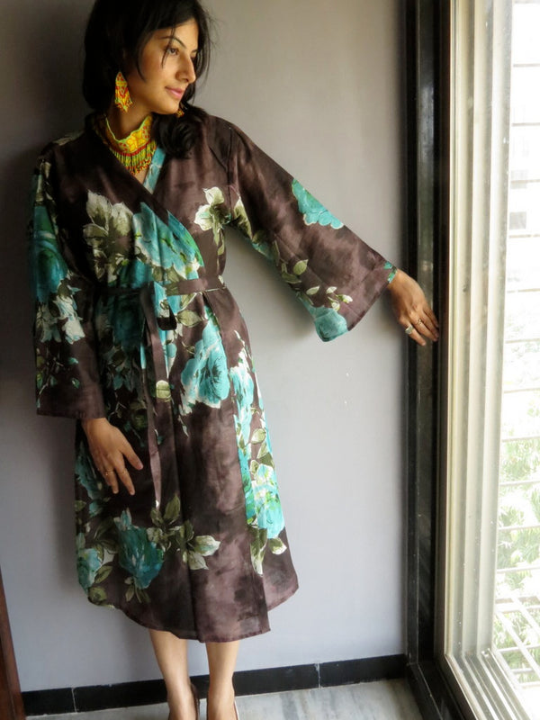 Brown Floral Knee Length, Kimono Crossover Belted Robe