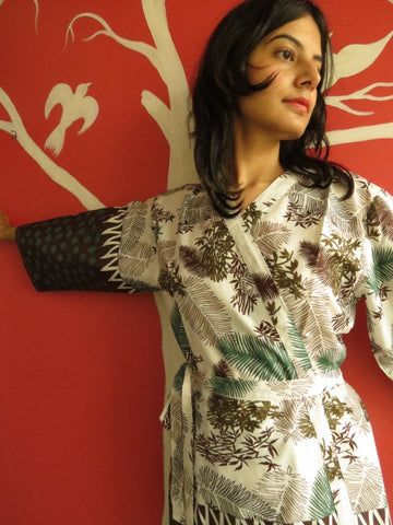 White Green Brown Knee Length, Kimono Crossover Belted Robe
