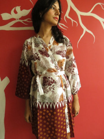 White Maroon leafy Knee Length, Kimono Crossover Belted Robe