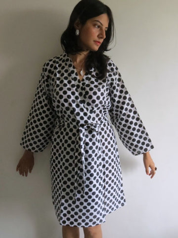 White Polka Dots Knee Length, Kimono Crossover Belted Robe