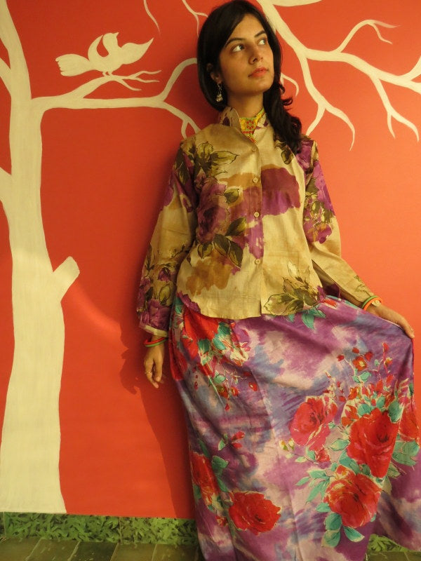 Purple Floral A-line Drawstring Skirt