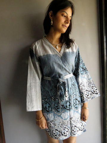 Gray Striped Knee Length, Kimono Crossover Belted Robe