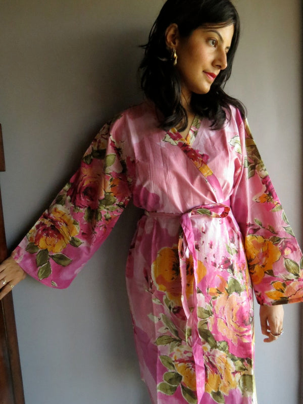 Pink Floral Knee Length, Kimono Crossover Belted Robe-D5 fabric Code