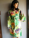 Green Big Floral Knee Length, Kimono Crossover Belted Robe