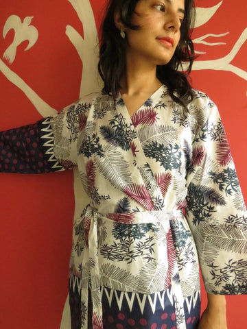 White Blue Leafy Knee Length, Kimono Crossover Belted Robe