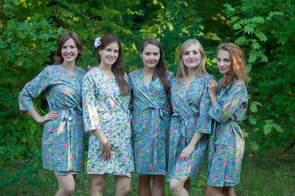 Gray Happy Flowers Pattern Bridesmaids Robes