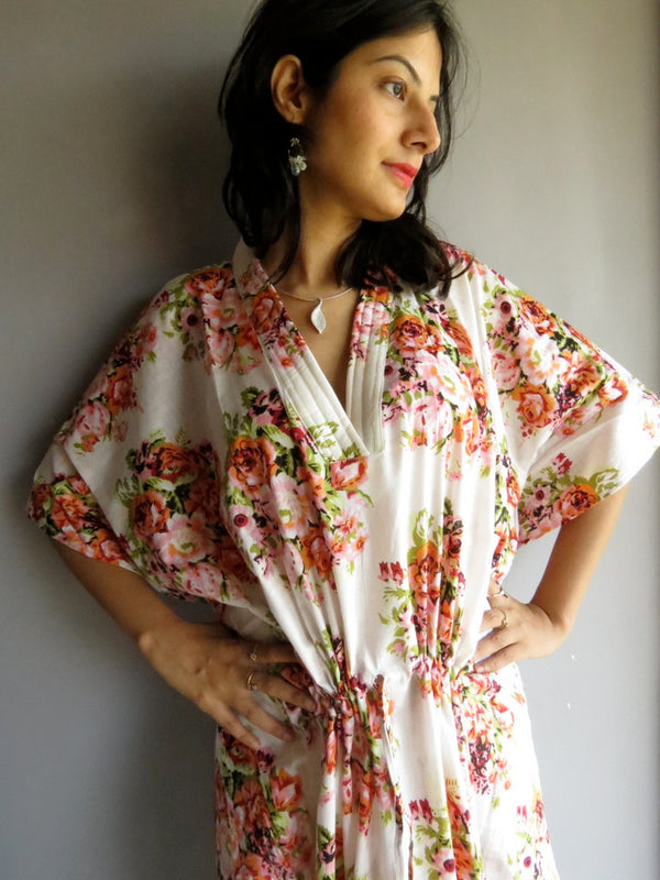 White Floral Posy V-Neck, Ankle Length, Cinched Waist Caftan