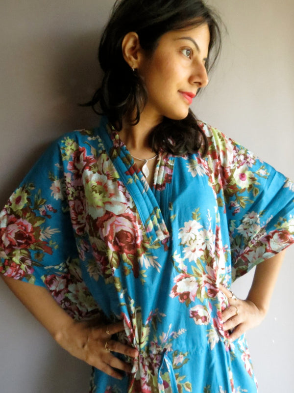 Blue Floral Rosy Red Posy V-Neck, Ankle Length, Cinched Waist Caftan