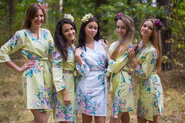 Light Yellow Blooming Flowers Pattern Bridesmaids Robes
