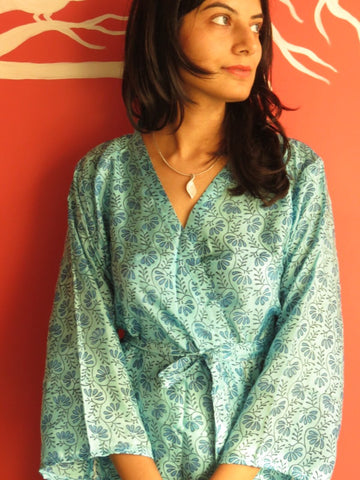 Silk Light Blue Leafy Knee Length, Kimono Crossover Belted Robe