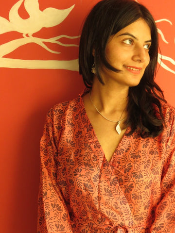 Silk Raspberry Leafy Knee Length, Kimono Crossover Belted Robe