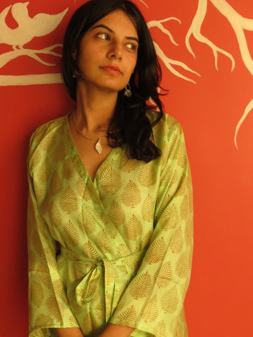 Silk Green Leafy Knee Length, Kimono Crossover Belted Robe