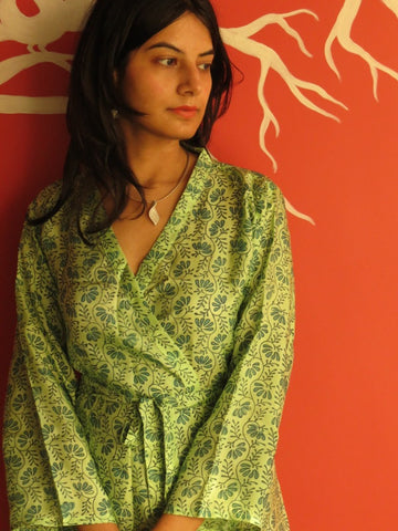 Silk Green Leafy Knee Length, Kimono Crossover Belted Robe
