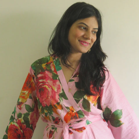 Pink Big Floral Knee Length, Kimono Crossover Belted Robe