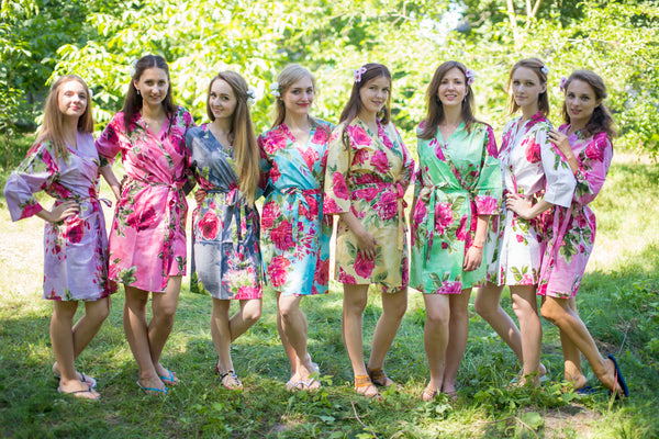 Mismatched Large Fuchsia Floral Blossom Patterned Bridesmaids Robes in Soft Tones