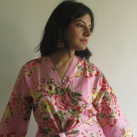 Pink Floral Knee Length, Kimono Crossover Belted Robe