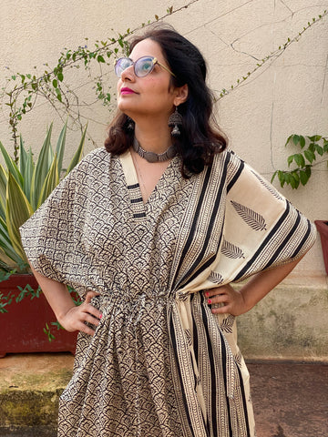 Ivory Black Leafy Bordered Hand Block Printed Caftan with V-Neck, Cinched Waist and Available in both Knee and Ankle Length