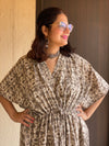 Gray Geometrical Motif Hand-Blocked Caftan with V-Neck, Cinched Waist and Available in both Knee and Ankle Length
