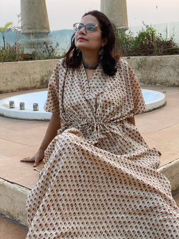 Ivory Red Teeny Tiny Flowers Motif Hand Block Printed Caftan with V-Neck, Cinched Waist and Available in both Knee and Ankle Length