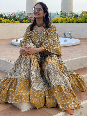 Mustard Gold and Ivory Mix 5 Tiered Dress in Hand-Block Print
