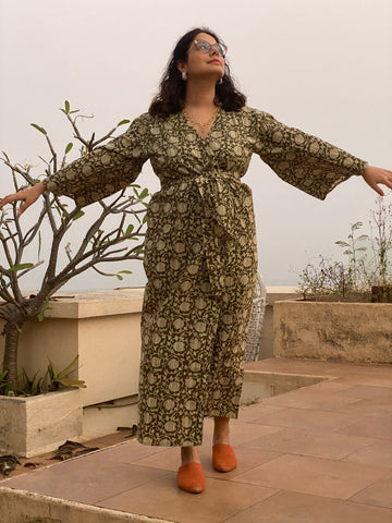 Green Floral Motif Geometric Motif Hand Block Printed Kimono Robe | Available in both Knee and Ankle Length