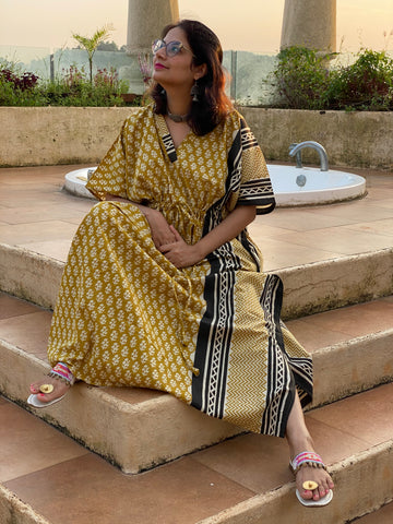 Mustard Black Bordered Hand Block Printed Caftan with V-Neck, Cinched Waist and Available in both Knee and Ankle Length