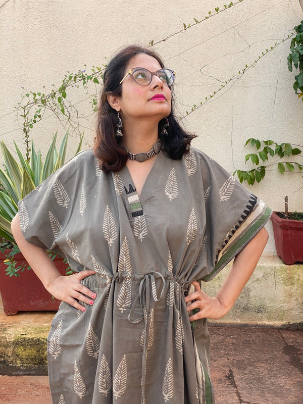 Gray Leafy Bordered Hand Block Printed Caftan with V-Neck, Cinched Waist and Available in both Knee and Ankle Length