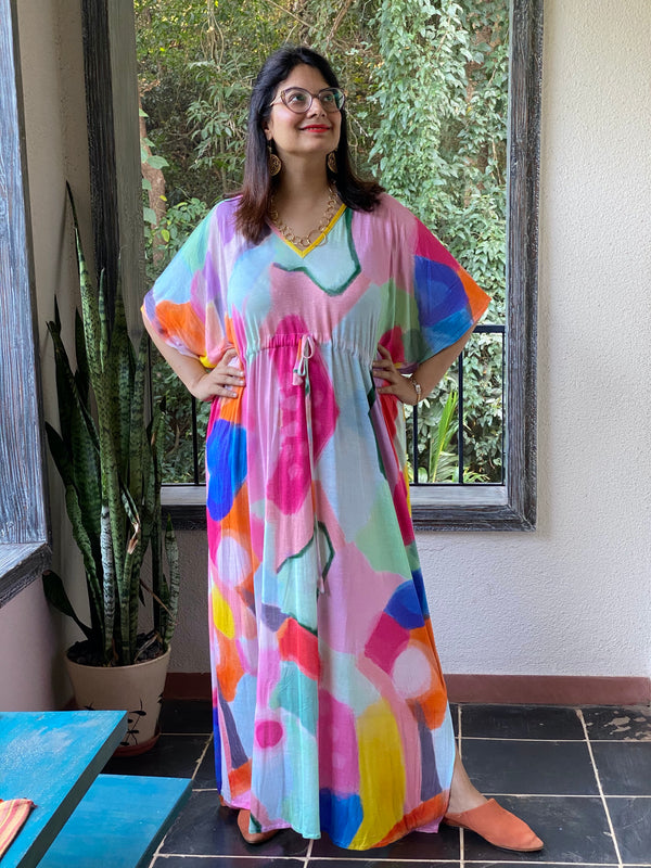 Bright Whimsy Strokes "Timeless" Style Caftan | Soft Jersey Knit Organic Cotton | Perfect Loungewear House Dress