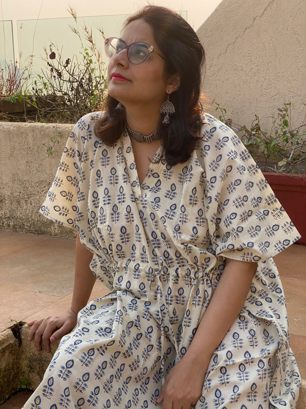 Ivory Blue leafy Motif Hand-Blocked Caftan with V-Neck, Cinched Waist and Available in both Knee and Ankle Length