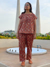 Red Floral Motif Hand Block Printed Organic Cotton Pajama Set | Available in both shorts and pants style