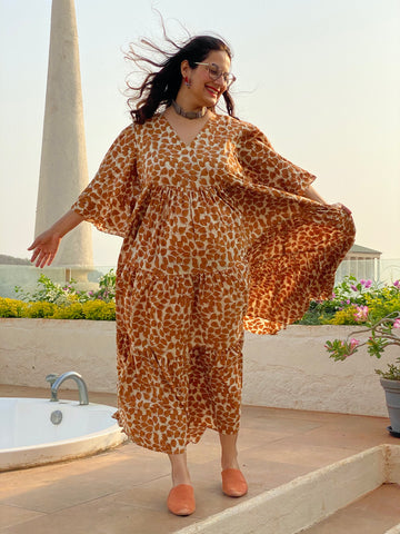 Ivory Mustard Leafy Motif Hand-Block Tiered Dress