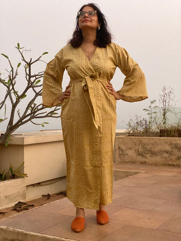 Mustard Triangle Geometrical Motif Hand-Block Printed Kimono Robe | Available in both Knee and Ankle Length