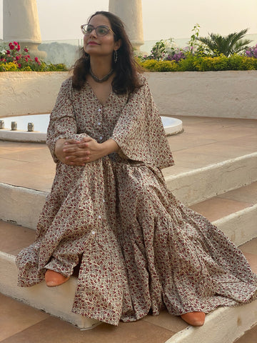 Ivory Red Tiny Leafy Motif Hand-Block Tiered Dress