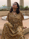 Mustard Floral Motif Hand-Blocked Kaftan with V-Neck, Cinched Waist and Available in both Knee and Ankle Length