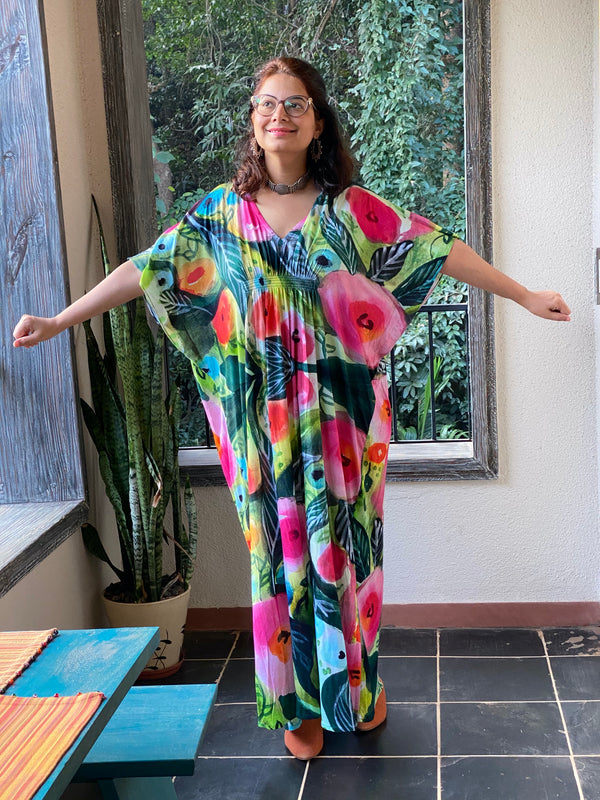A picture of poses "Stunningly Simple" Style Caftan | Soft Jersey Knit Organic Cotton | Perfect Loungewear House Dress
